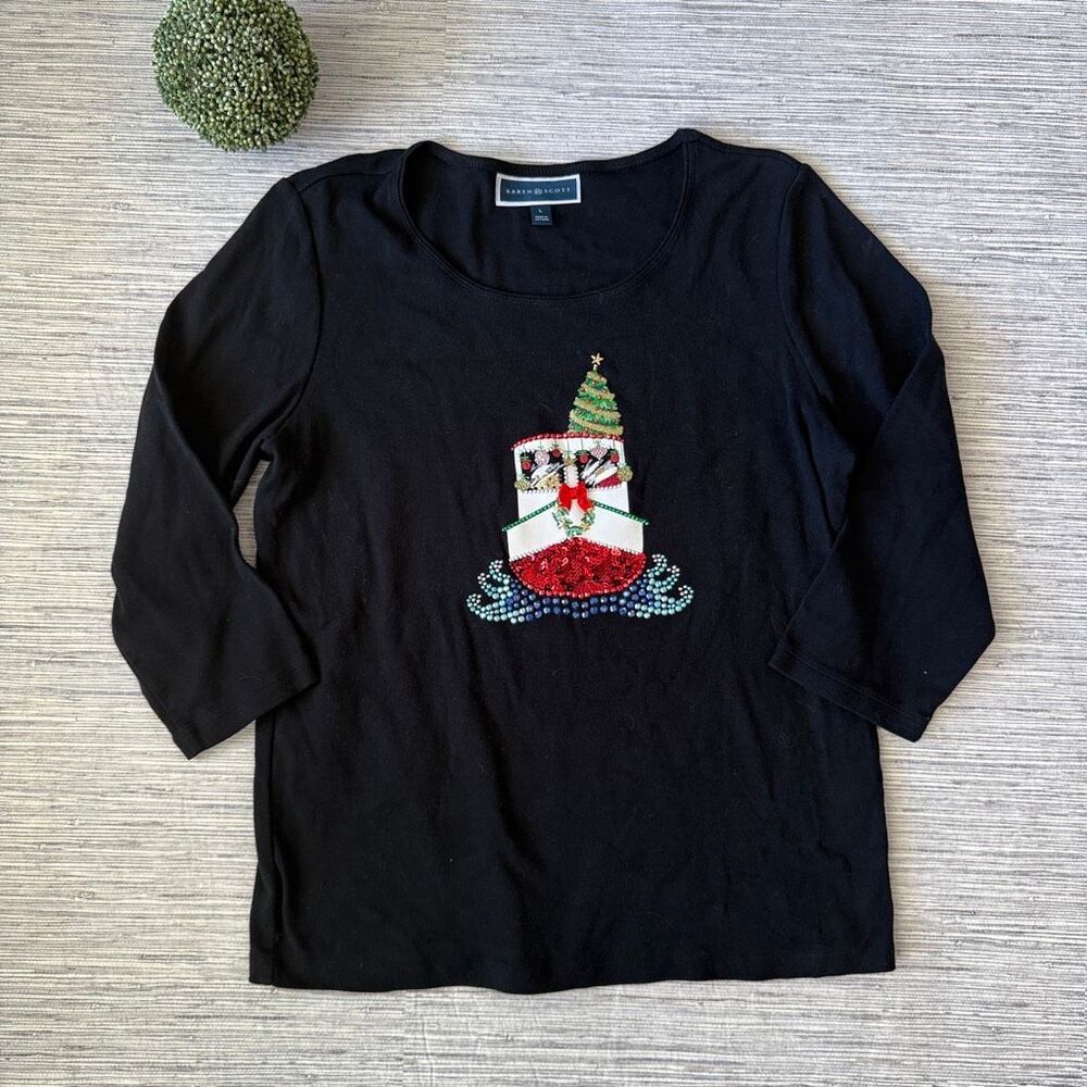 Karen Scott Holiday Nautical Christmas Boat Sequin Embroidered Shirt Black Large